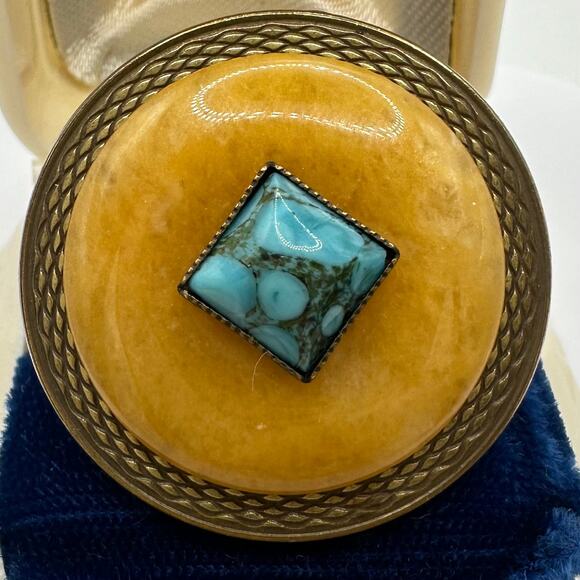 Jan Michaels gold tone bronze genuine turquoise yellow agate adjustable ring - Picture 1 of 8
